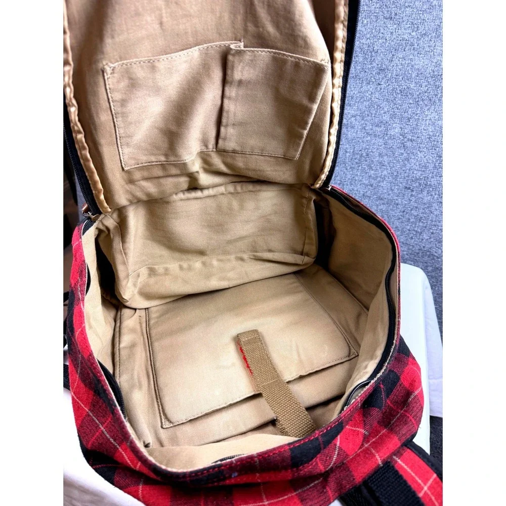 Vintage LL Bean Buffalo Plaid Backpack Red Black Wool Canvas Laptop Daypack EUC
